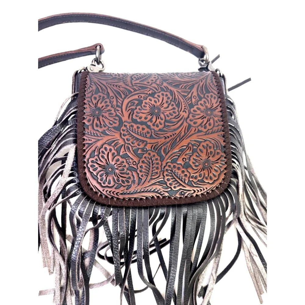 Mountain West Tooled Leather Crossbody Purse, Small, Fringed Dark Brown Handbag